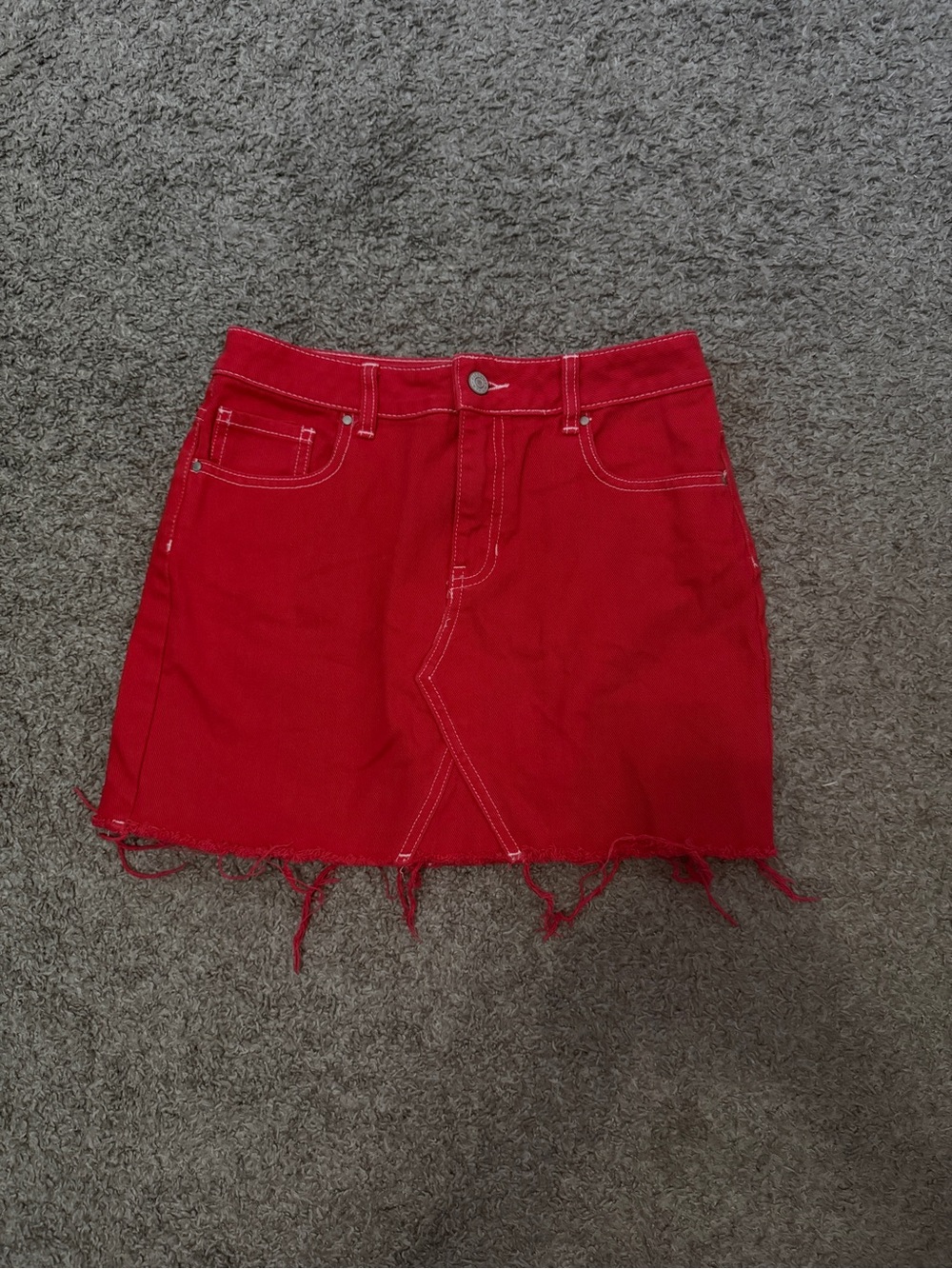 PacSun Red Frayed Hem Denim Mini Skirt